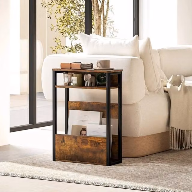 FORGEVIO Narrow Side Table with Storage Shelves in Brown and Metal – 1
