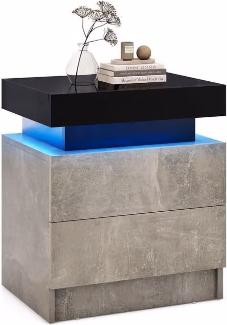 COSTWAY Modern Black Glossy Nightstand and Side Table with Integrated Lighting