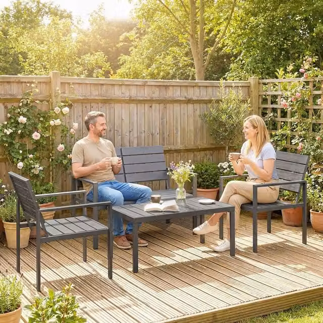 OUTSUNNY 4 Piece Grey Garden Furniture Set with Metal Frame, 2 Seater Sofa, Lounge Armchairs and Coffee Table