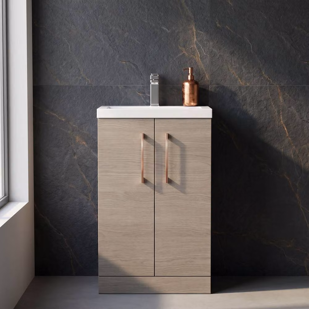 Balterley Mid Oak Brown Freestanding Bathroom Vanity Basin Unit with Soft Close Hinged Doors and Copper Handles, Width: 50 cm – 3