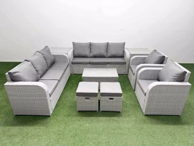 Fimous PE Rattan High Back Lounge Sofa Set in Light Grey with 3 Seater Sofa, Reclining Chair, Stools, Coffee Table and 2 Side Tables
