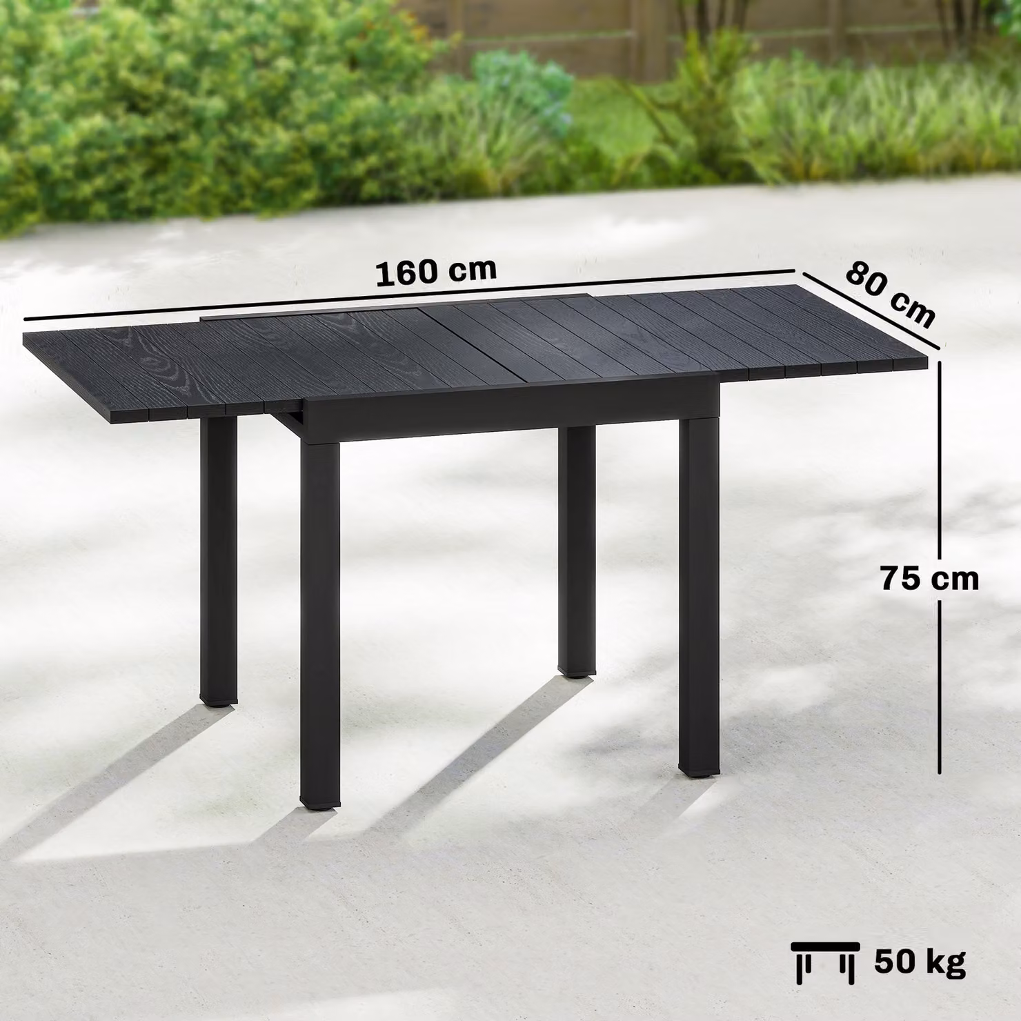 Outsunny Extendable Rectangular Garden Dining Table with Faux Wood Slatted Top, Black Aluminium – 3