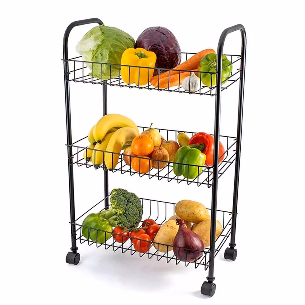 VOGREX Black 3-Tier Rolling Metal Fruit and Vegetable Storage Trolley Cart, W/D/H: 40 x 40 x 64 cm – 2