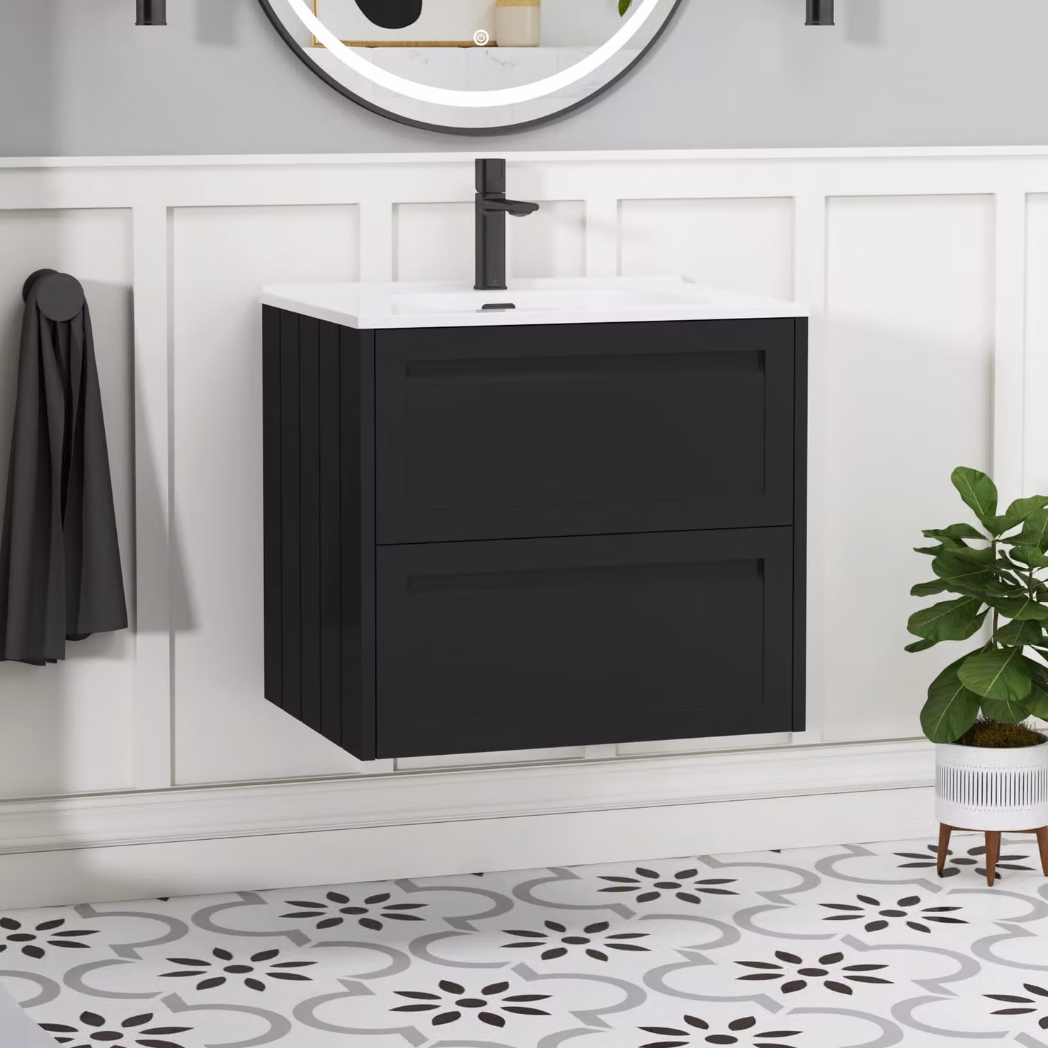 Royal Bathrooms Elmore 600mm Traditional Wall Hung 2 Drawer Vanity Unit with Ceramic Basin, Matt Nocturne Black