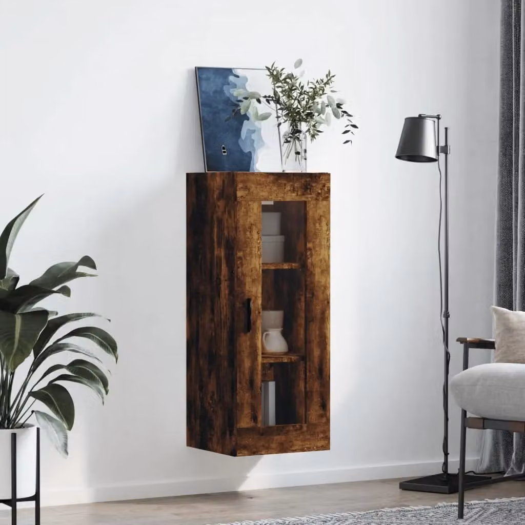 Berkfield Home Wall Mounted Smoked Oak Cabinet with Glass Doors in Brown, W/D/H: 34.5 x 34 x 90 cm – 3