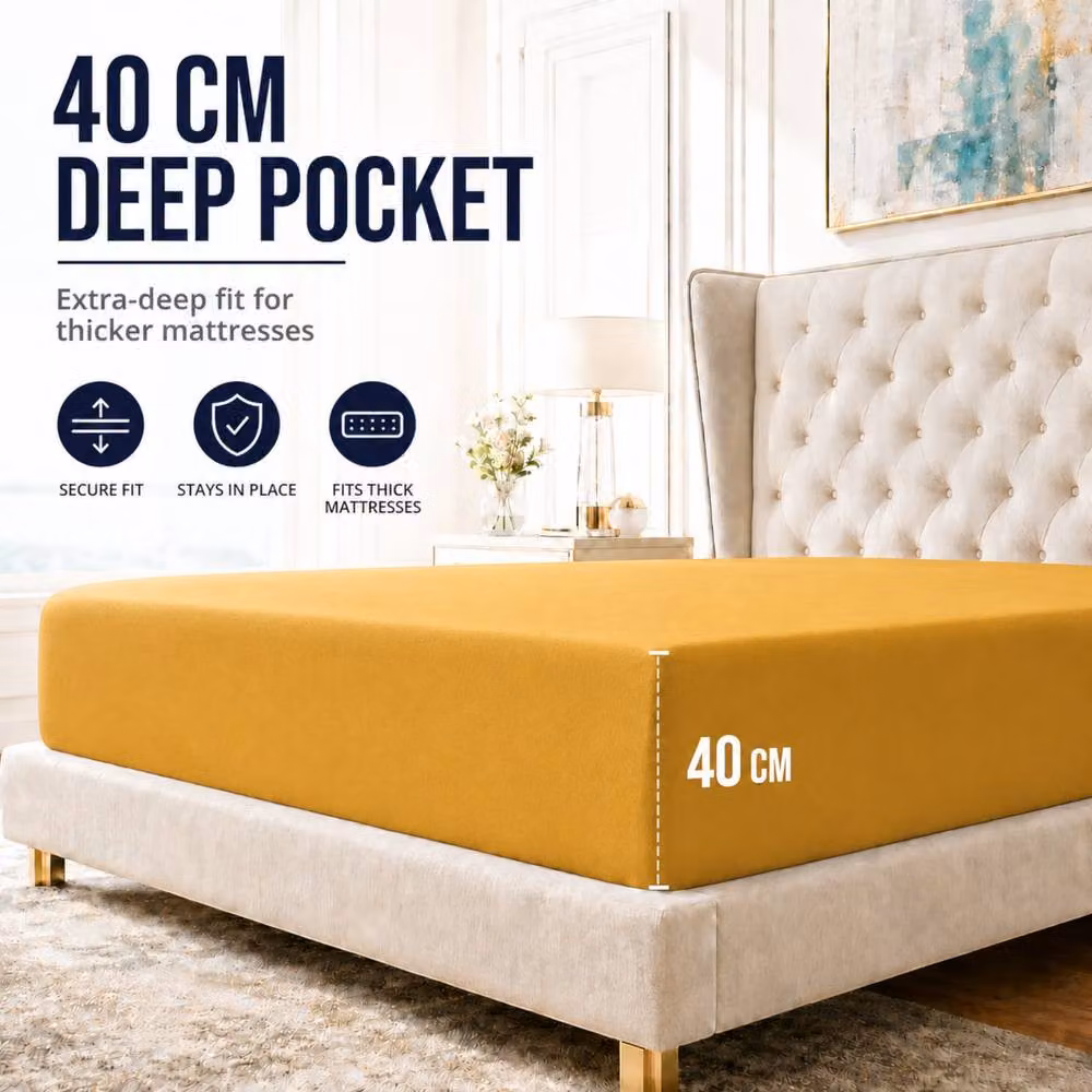 Pamposh Microfibre Plain Fitted Sheet in Mustard, Super King, W/D/H: 200 x 200 x 40 cm – 2