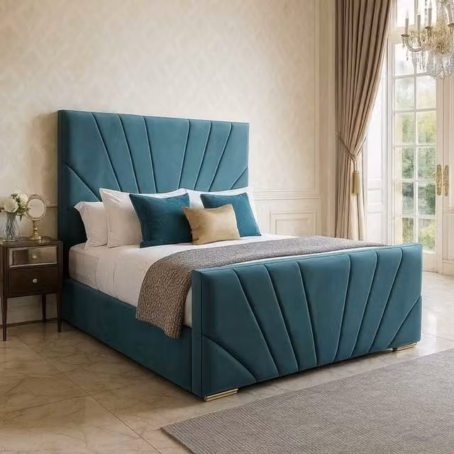 K Mehmood Enterprise Ltd Elegance Modern Upholstered Velvet Bed Frame with Geometric Headboard and Footboard in Green and Blue