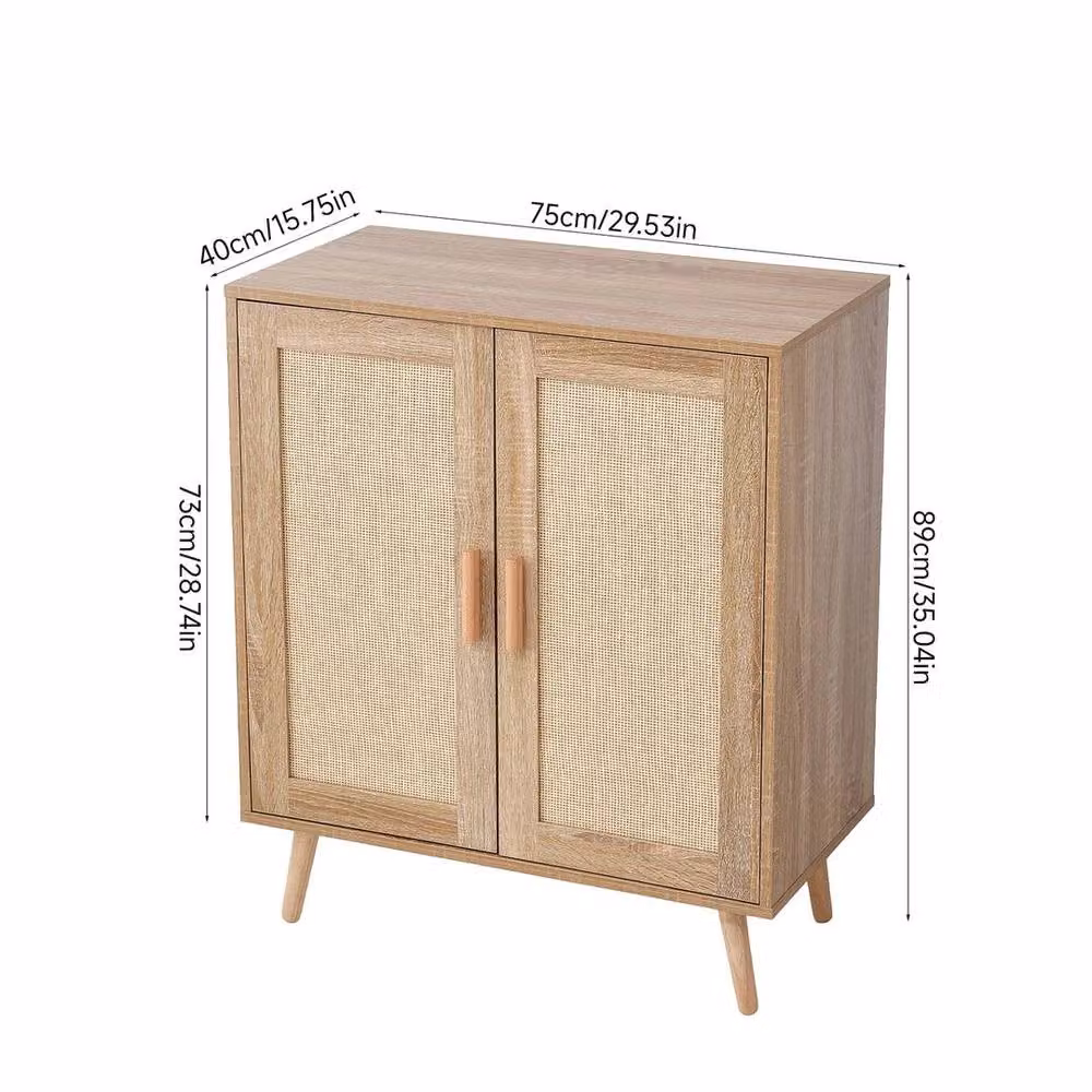 KORVIXA Rustic Wooden Storage Cabinet with Rattan Hinged Doors, Brown, W/D/H: 89.0 x 75.0 x 40.0 cm – 2