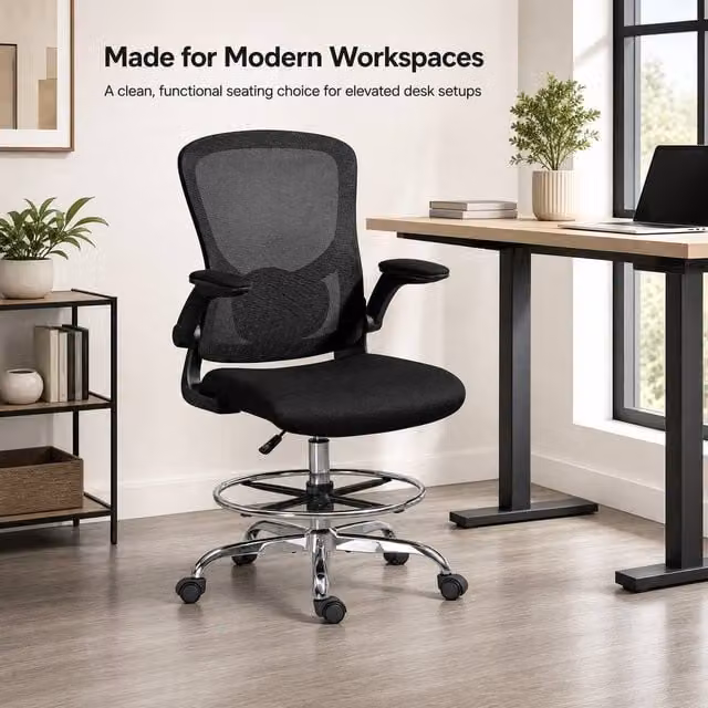 STILVORA Black Mesh and Fabric Draughtsman Chair with 360 Degree Swivel and Foot Ring – 1