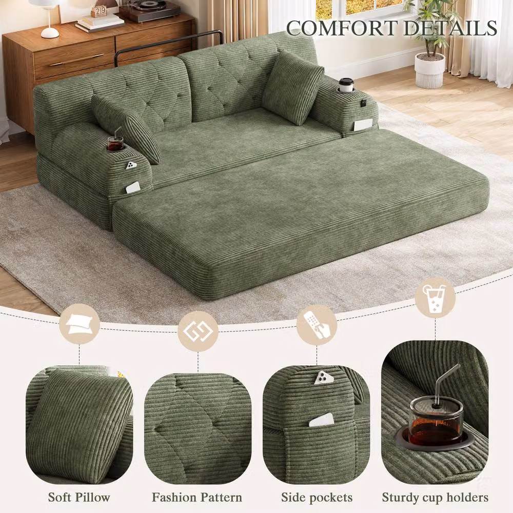 Matteo Green Corduroy 2-Seater Sleeper Sofa with Cup Holders and Metal Frame – 4