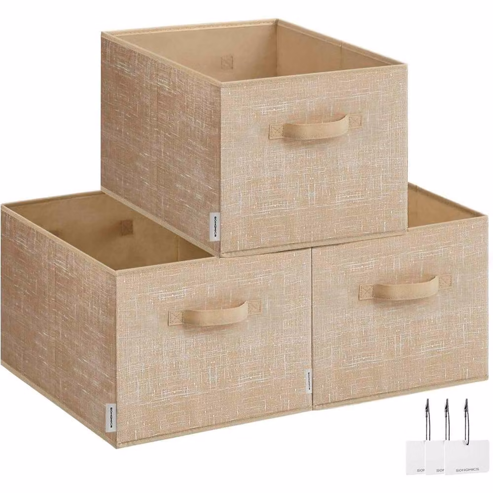 The Bazaarist Set of 3 Foldable Fabric Storage Boxes with Handles and Label Holders in Beige Sand – 2
