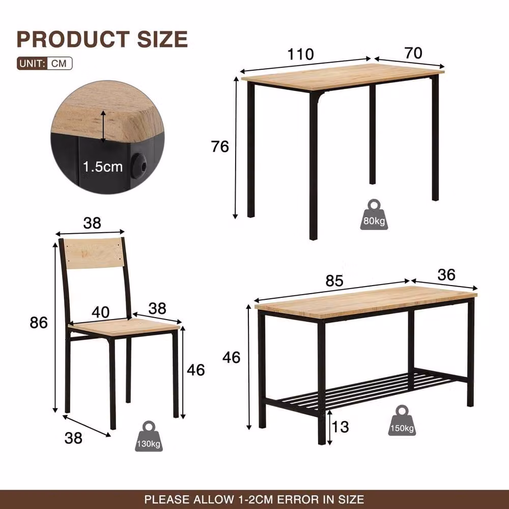 VOGREX 4-Piece Industrial Dining Set with Square Table, 2 Chairs and Bench in Beige, Brown and Black – 2