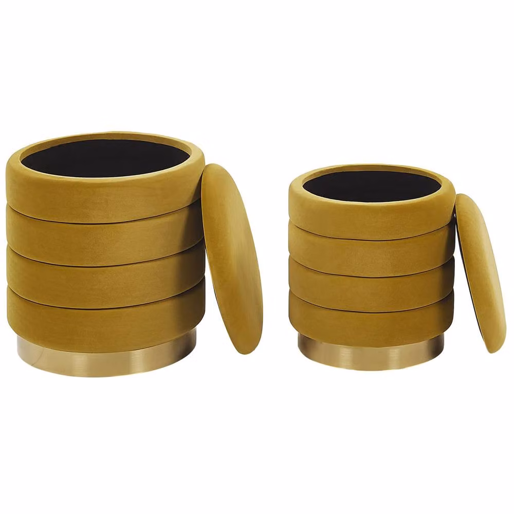 Wyld and Coco Set of 2 Yellow Tufted Velvet Cylindrical Storage Pouffes with Gold Stainless Steel Base – 3