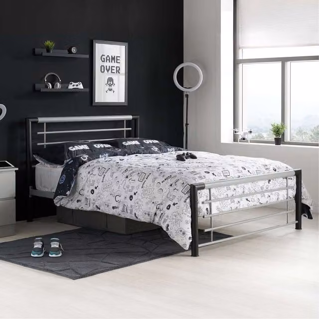 Birlea Faro Small Double Metal Bed in Grey and Black, W: 120 cm x D: 200 cm