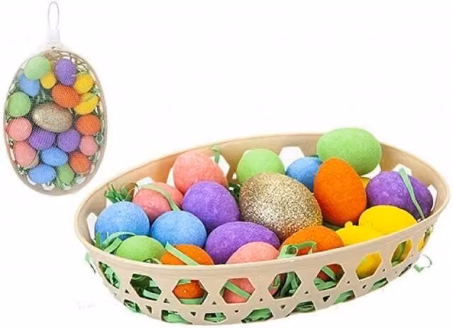 KDMD Golden Egg Hunt Set in Basket, 2 Pack, Gold and Multicolour Plastic Easter Decorations