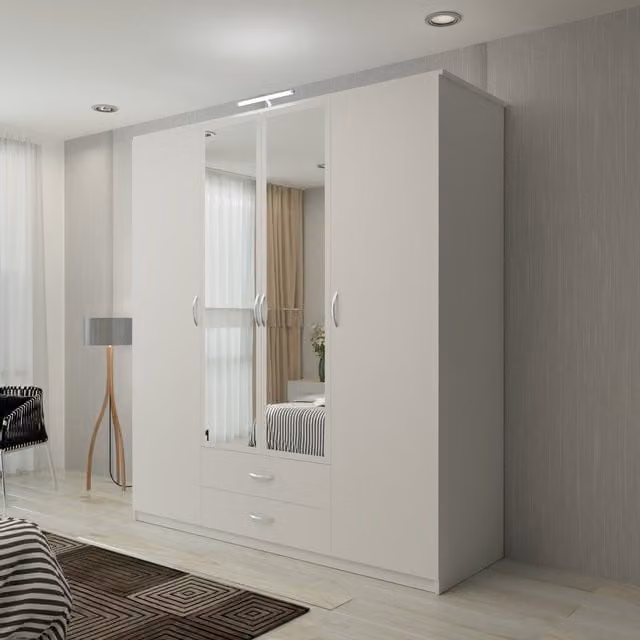 Sliding Wardrobes 4U Modern 4 Door Hinged Wardrobe with Integrated LED Lighting and Drawers in White, W: 171 cm, H: 198 cm