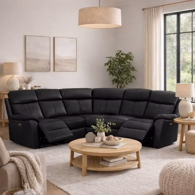 Aspire Kingsmere L-Shape Corner Power Recliner Sofa in Black with USB Charging and Synthetic Leather Upholstery