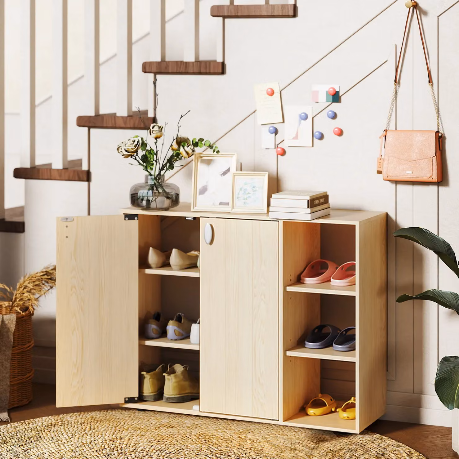 Costway 3-Tier Wood Shoe Storage Cabinet with Hinged Doors in Beige – 4