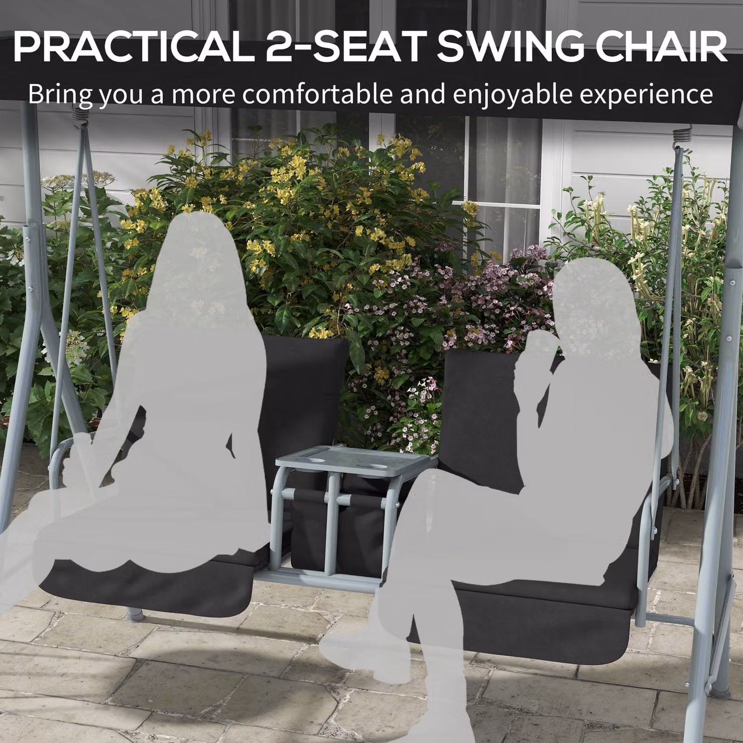 Outsunny 2 Seater Garden Swing Chair with Tilting Canopy and Padded Cushions, Black – 6