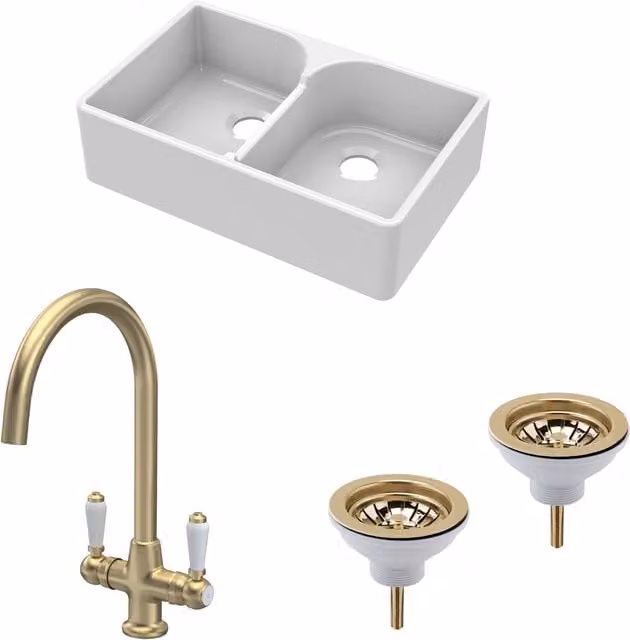 Balterley Traditional Fireclay Kitchen Bundle 2 Bowl Stepped Weir Butler Sink and Wastes, White