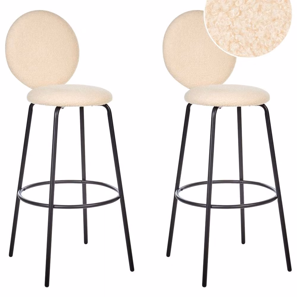 Wyld and Coco Pair of Light Beige Boucle Armless Bar Stools with Matt Black Metal Legs – 2