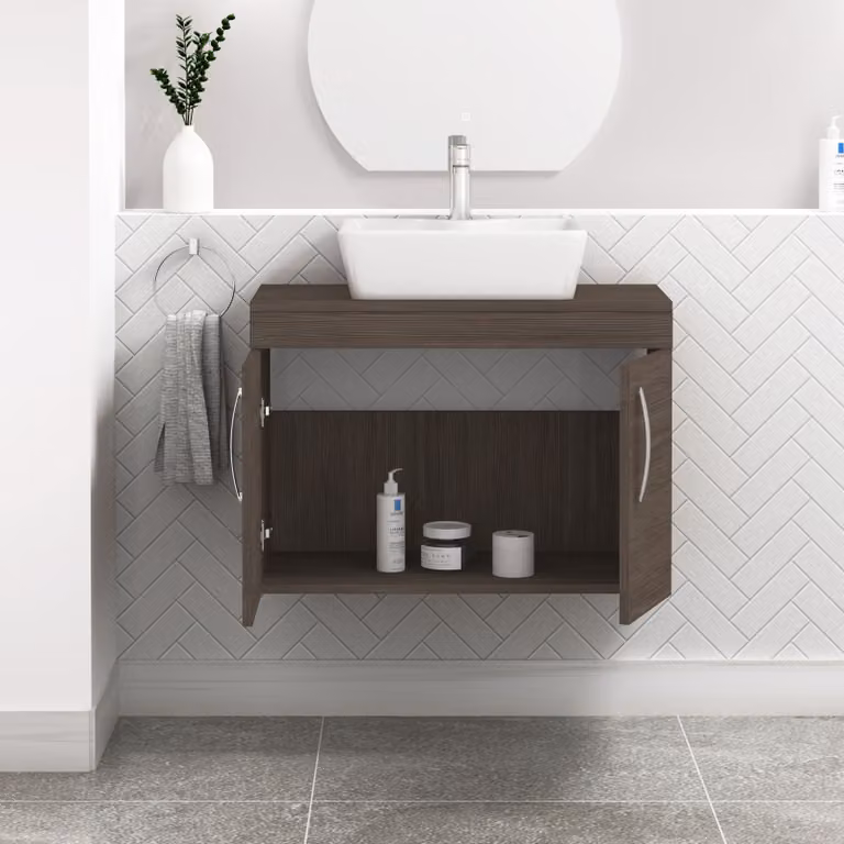Royal Bathrooms Turin 800mm Wall Hung 2 Door Vanity Unit in Grey Elm with Countertop Basin