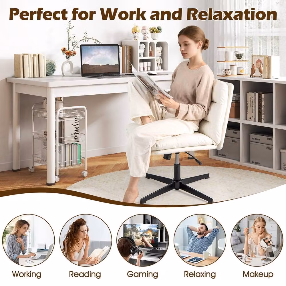 Gymax Height Adjustable Mid-Back Cross Legged Makeup Vanity Chair in White – 5