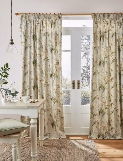 Laura Ashley Gosford Floral Pure Cotton Pencil Pleat Thermal Insulating Curtains, Green Mix, H: 137 cm x W: 117 cm