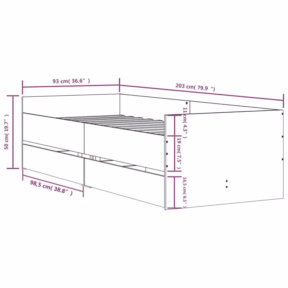 Berkfield Home Modern Bed Frame with Drawers in Concrete Grey, W/D/H: 90 x 200 x 50 cm – 2