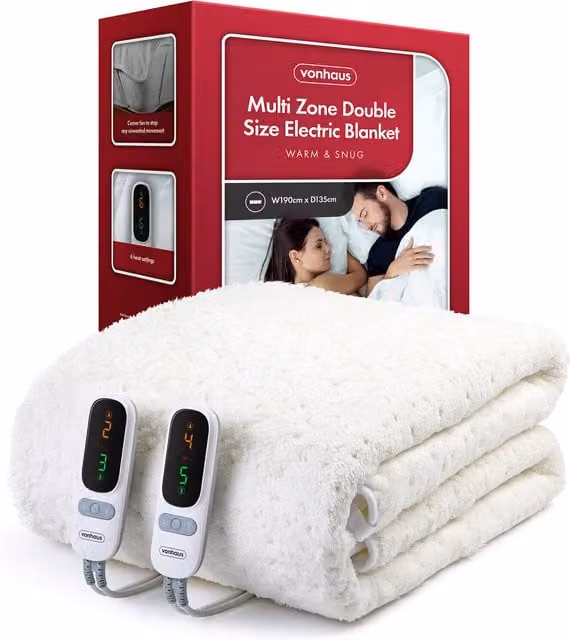 Vonhaus Electric Blanket with Multi Heating Zones, White, W x D: 140 x 200 cm