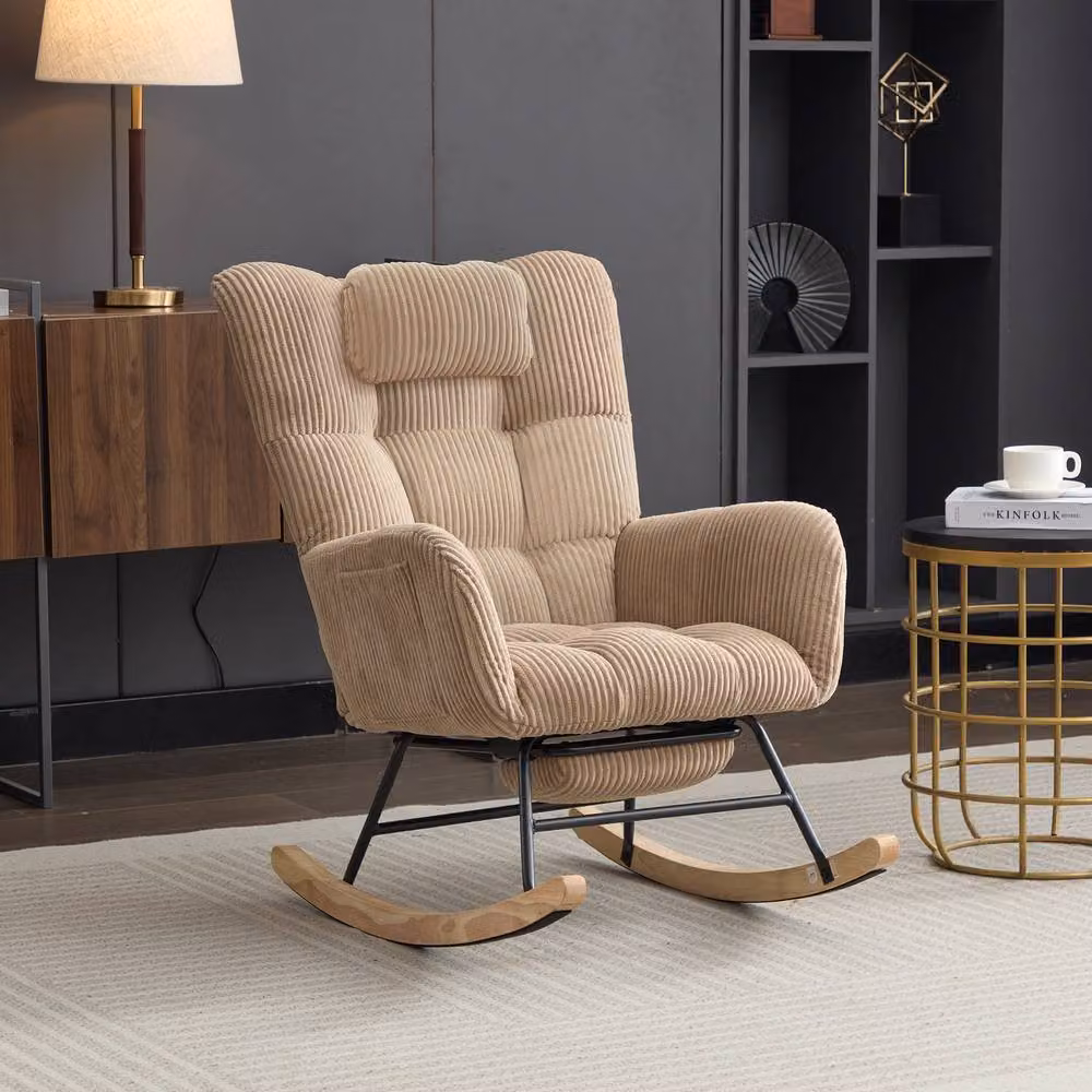 Matteo Brown Corduroy Rocking Chair with Solid Wood Frame and Armrests – 2