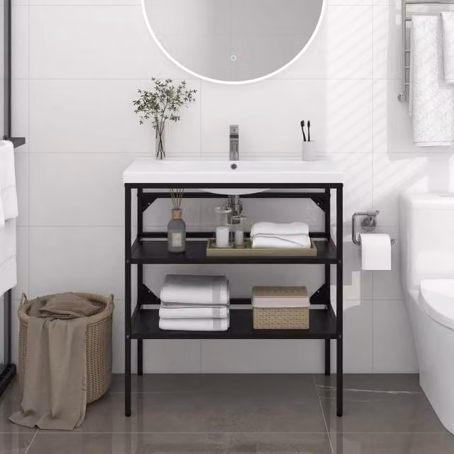 Berkfield Home Black Metal Bathroom Washbasin Frame W: 79 cm, D: 38 cm, H: 83 cm