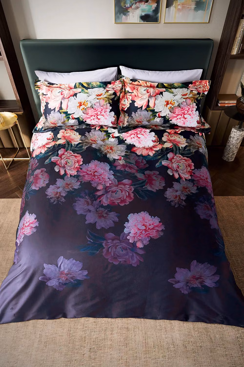 Ted Baker Painted Posy Reversible Cotton Mako Satin Duvet Cover and Pillowcase Set, Navy Blue and Pink, W/D/H: 180 x 200 cm – 4