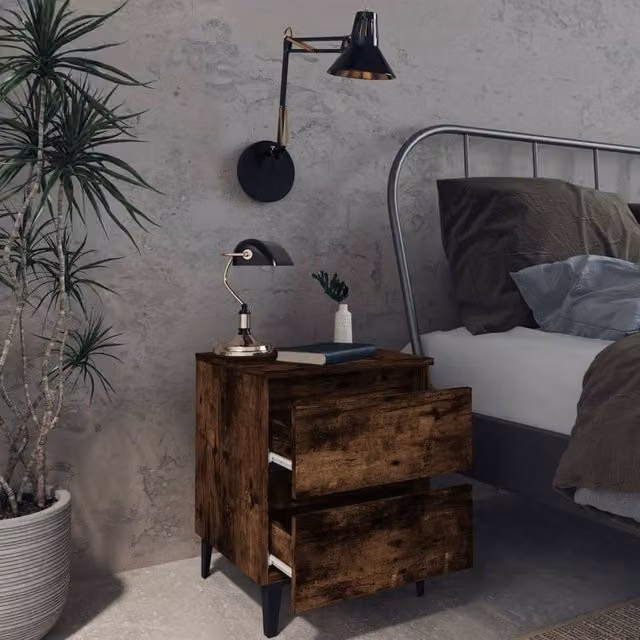 Berkfield Home Sturdy Bedside Cabinets with Metal Legs, 2 Pieces, Smoked Oak Brown, W: 40 cm, D: 35 cm, H: 50 cm