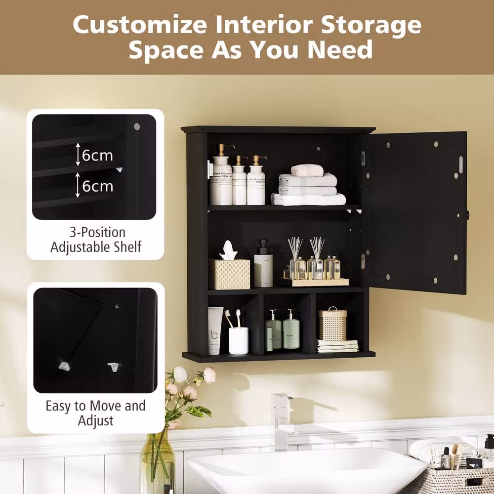 Gymax Wall-Mounted Black Bathroom Storage Cabinet with Mirror Doors and Internal Shelves – 10
