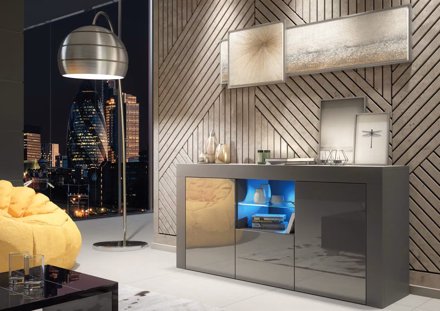 Mex Furniture LTD Modern Glossy Sideboard with Integrated LED Lighting in Dark Grey, W: 145 cm, H: 70 cm, D: 35 cm – 3