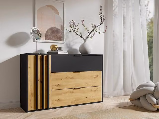 Vente-unique TUNALO Chest of Drawers with 3 Drawers and 1 Door in Black and Natural, H 125 x W 79.7 x D 36.5 cm