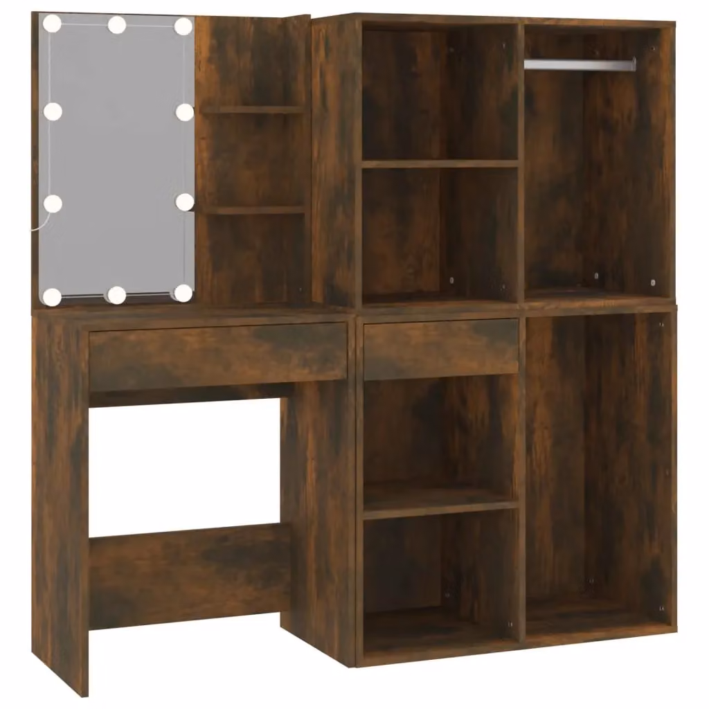 Berkfield Home LED Dressing Table with Cabinets in Smoked Oak Brown – 2