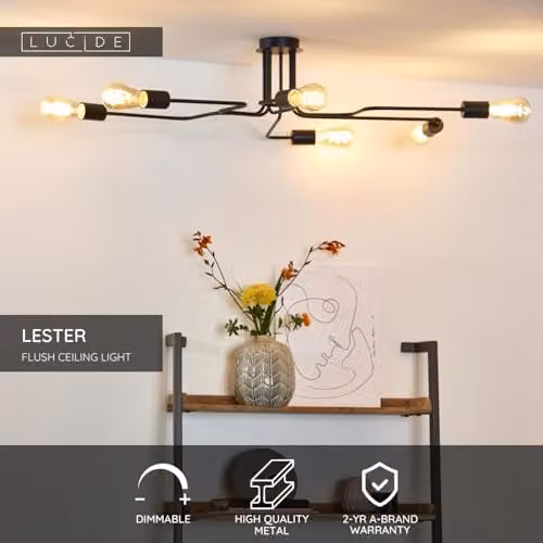 Lucide Lester Dimmable Modern Metal Flush Ceiling Light, Black, 6 x E27 – 2