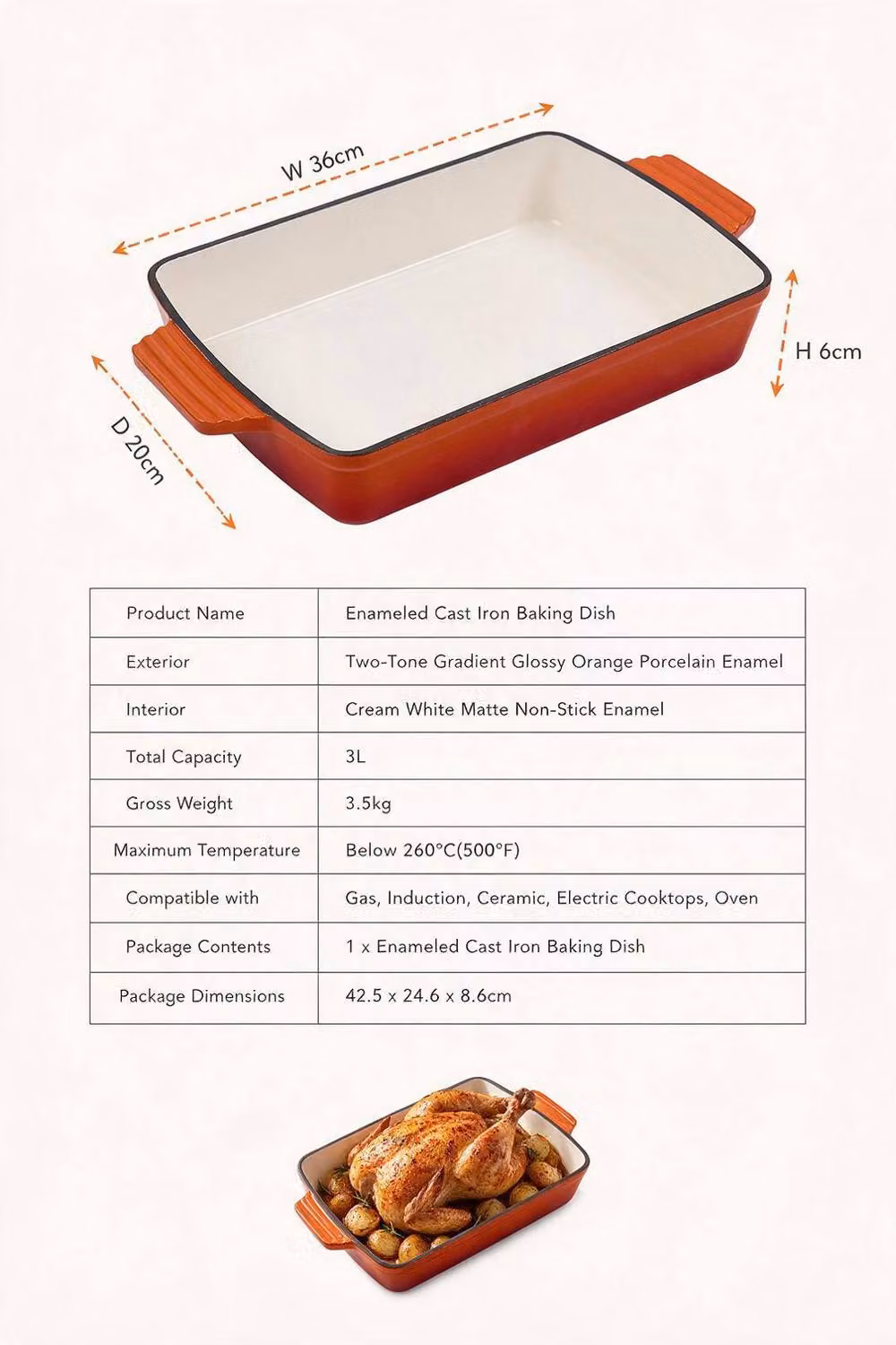 ExtraStar Enamelled Cast Iron Rectangular Oven Dish with Lid and Dual Handles in Orange – 5