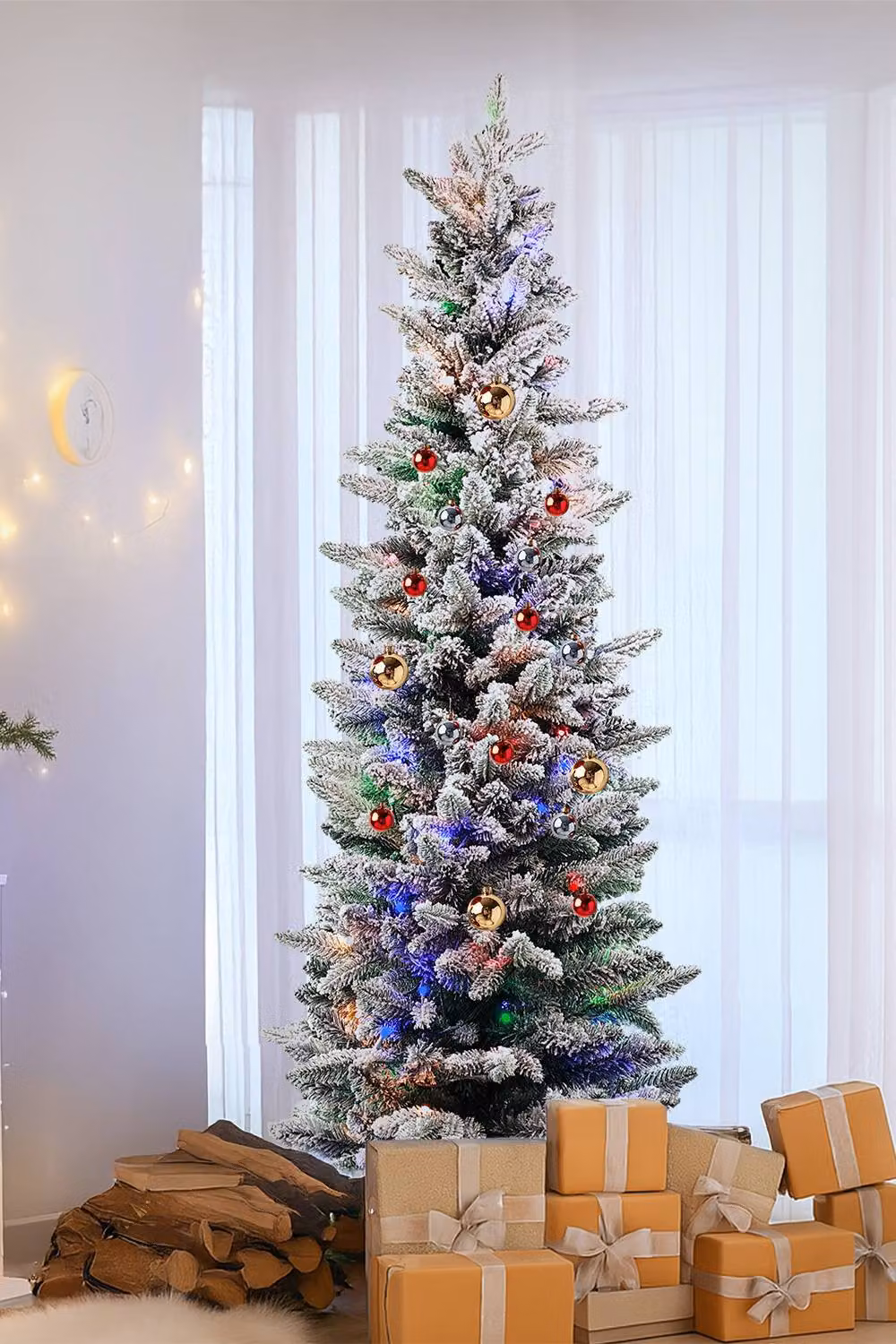 Neel Blue Frosted Slim Pencil Christmas Tree with Prelights in Green, Height: 183 cm – 5