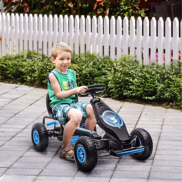 HOMCOM Childrens Pedal Go Kart with Adjustable Seat and Solid Rubber Wheels in Blue