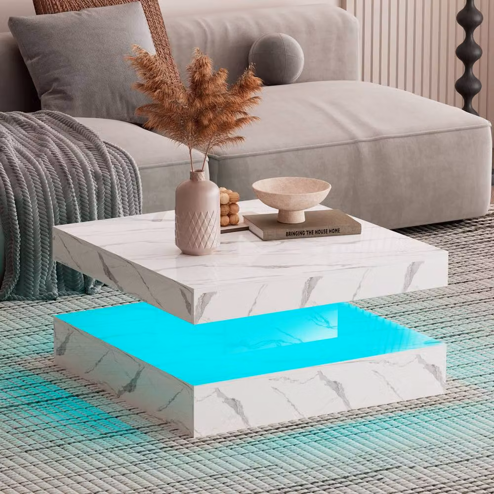 KEEPREAPER Modern Square Coffee Table with Storage and LED Light in White Marble Finish – 2