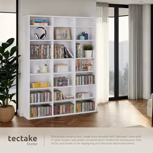 tectake CD Storage Unit in Matt White with Height-Adjustable Shelves and Media Compartments – 4