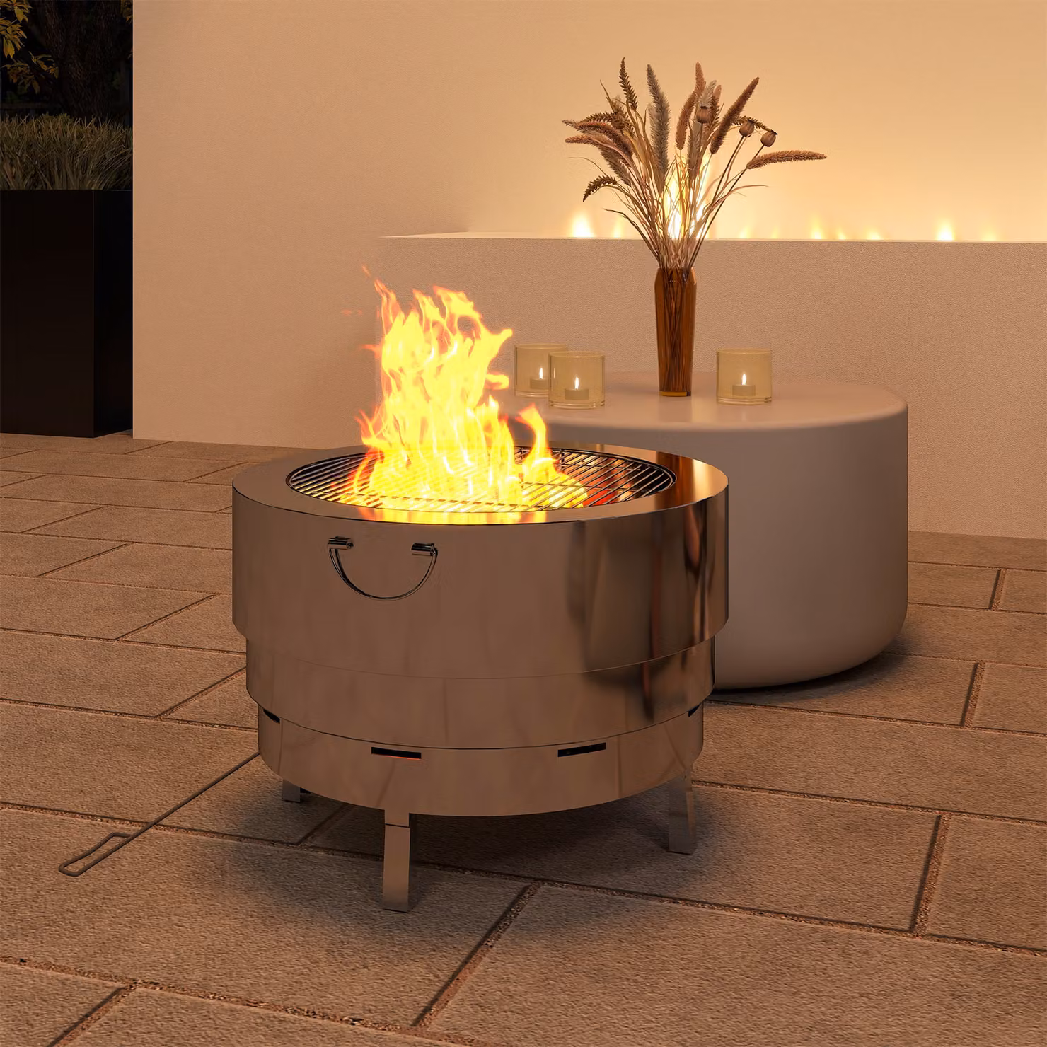 Outsunny Stainless Steel Wood-burning Fire Pit with Fire Poker, Silver – 7