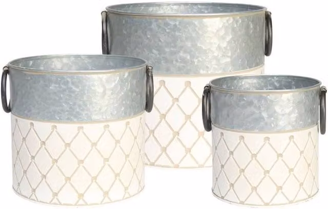 KDMD Set of 3 Silver Metal Zinc Buckets with Two Tone Crosshatch Geometric Pattern