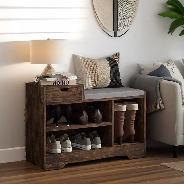 Pirlo Plush Industrial Shoe Storage Bench in Brown with 3 Open Shelves, W/D/H: 135 x 30 x 52 cm