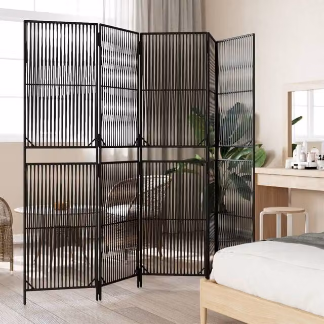 Berkfield Home 5 Panel Black Poly Rattan and Steel Room Divider, H 180 cm x W 245 cm