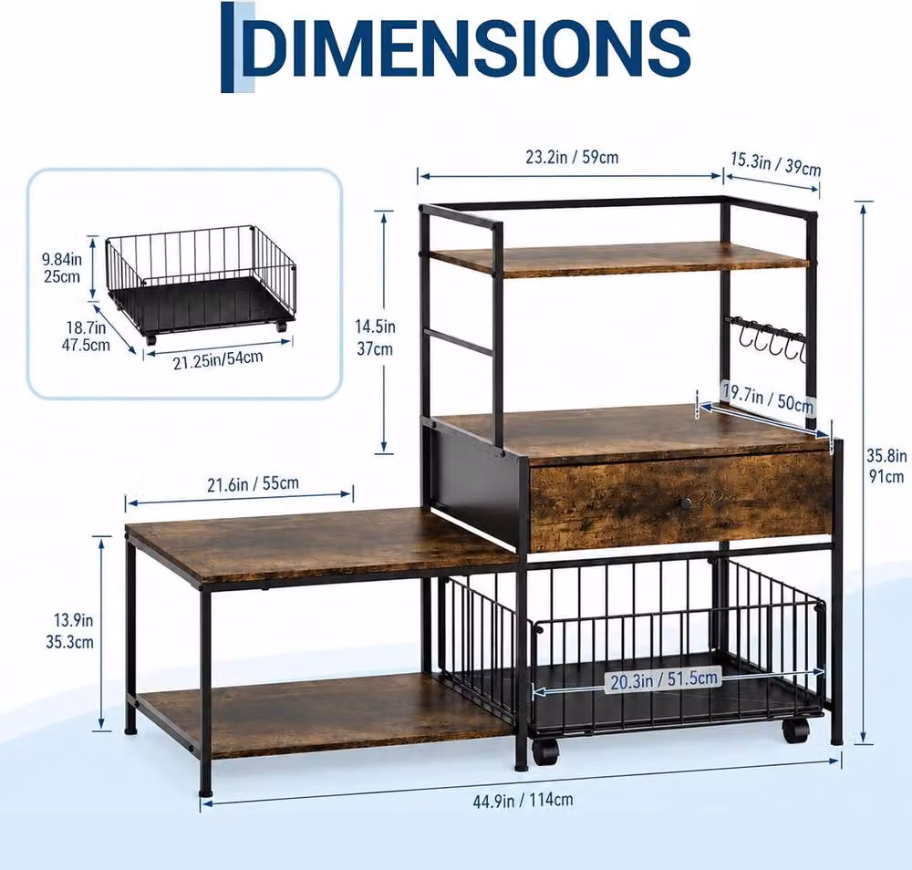 London Boutique Brown Industrial Rolling Kitchen Island Microwave and Coffee Bar Cabinet with Castors – 3
