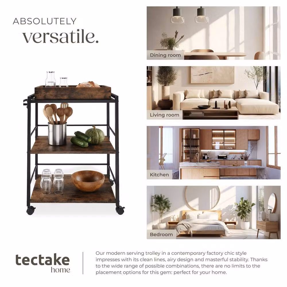 tectake Worcester Drinks Trolley in Brown with Rustic Wood and Metal Finish – 7
